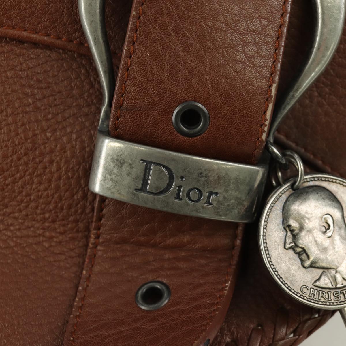 Christian Dior Gaucho Saddle Hand Bag Leather Brown Silver Auth BAZ225SAV