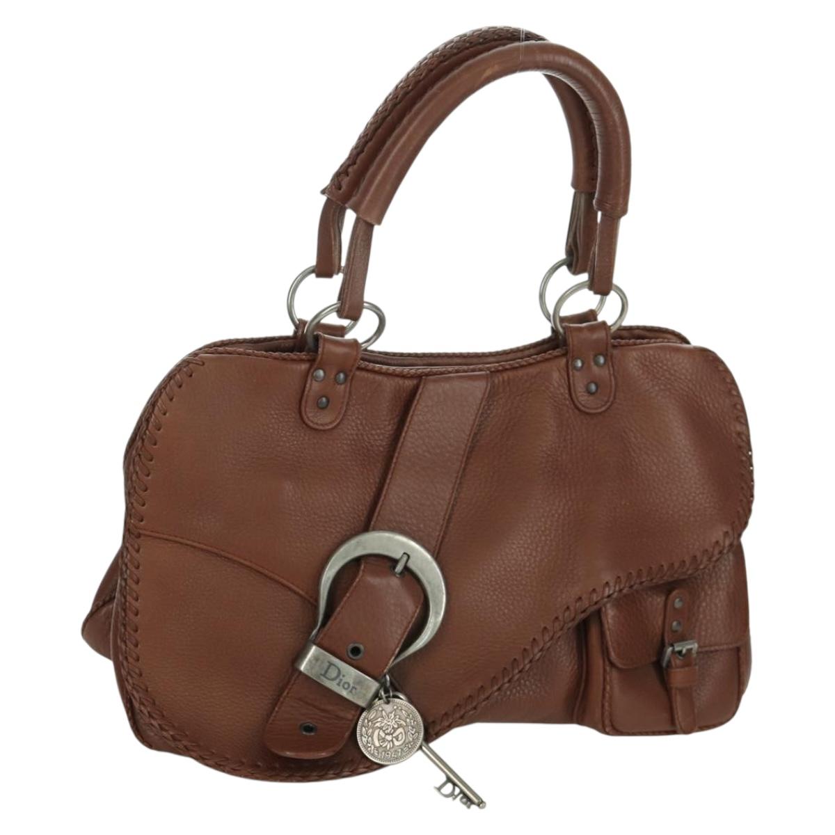 Christian Dior Gaucho Saddle Hand Bag Leather Brown Silver Auth BAZ225SAV