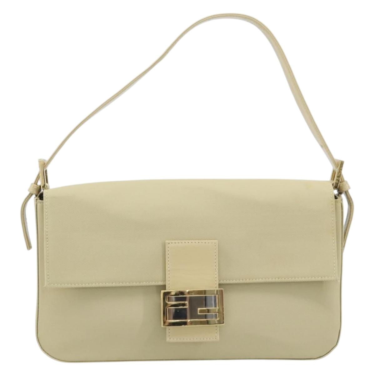 FENDI Mamma Baguette Shoulder Bag Canvas Beige Gold Auth BAZ238A