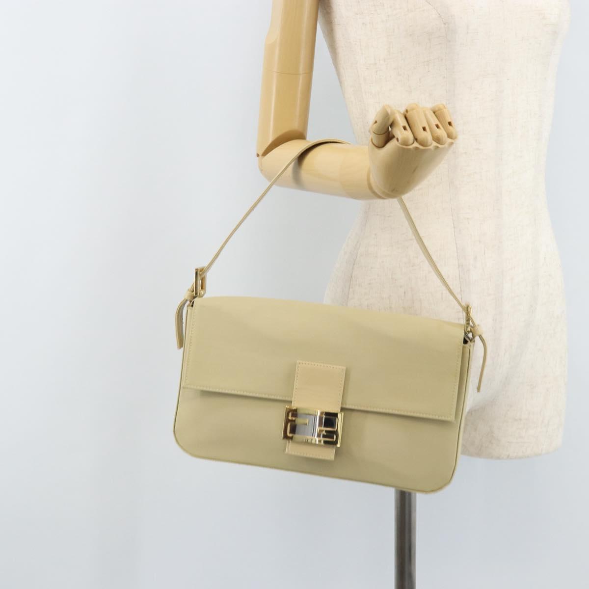 FENDI Mamma Baguette Shoulder Bag Canvas Beige Gold Auth BAZ238A