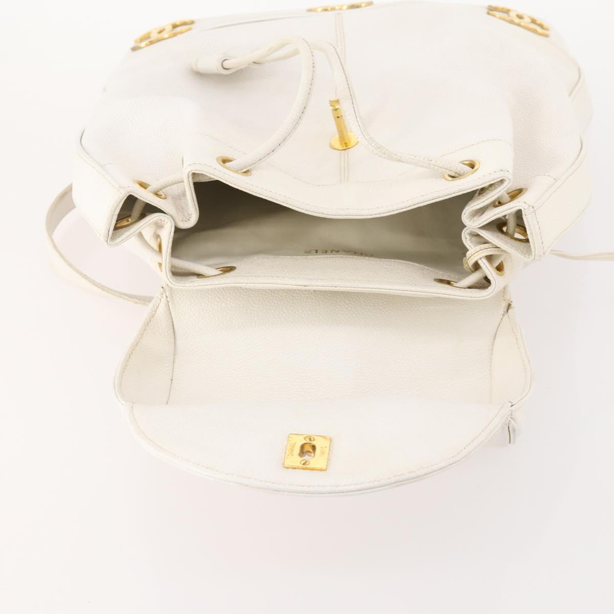 CHANEL Triple Coco Backpack Caviar Skin White Gold CC Auth BAZ250A