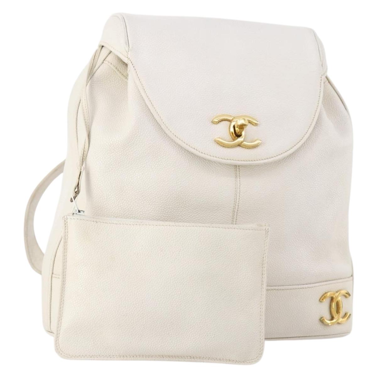 CHANEL Triple Coco Backpack Caviar Skin White Gold CC Auth BAZ250A