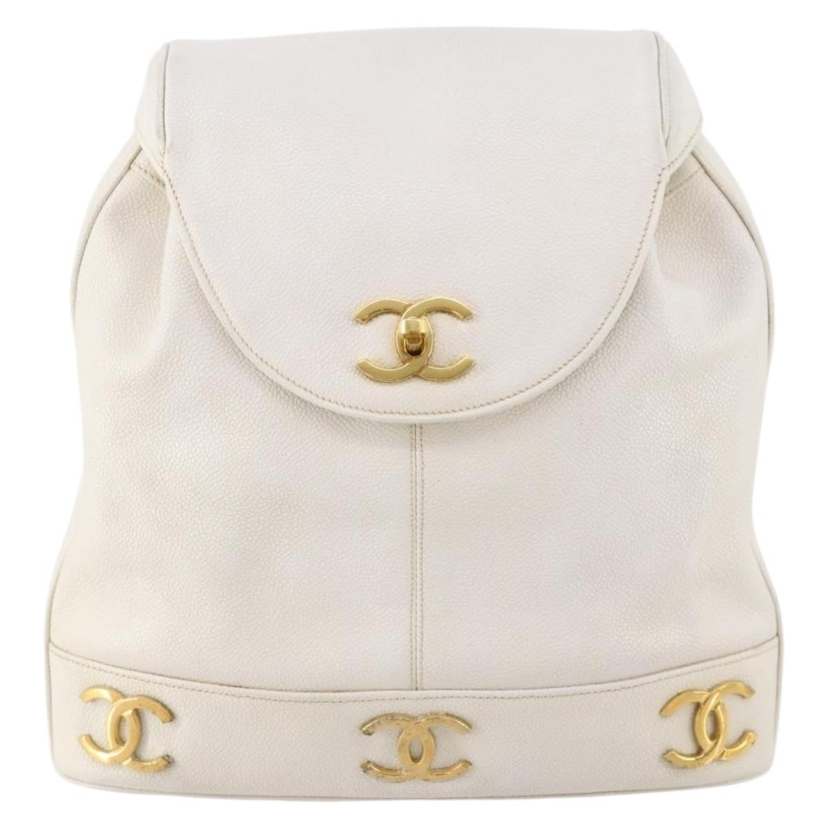 CHANEL Triple Coco Backpack Caviar Skin White Gold CC Auth BAZ250A