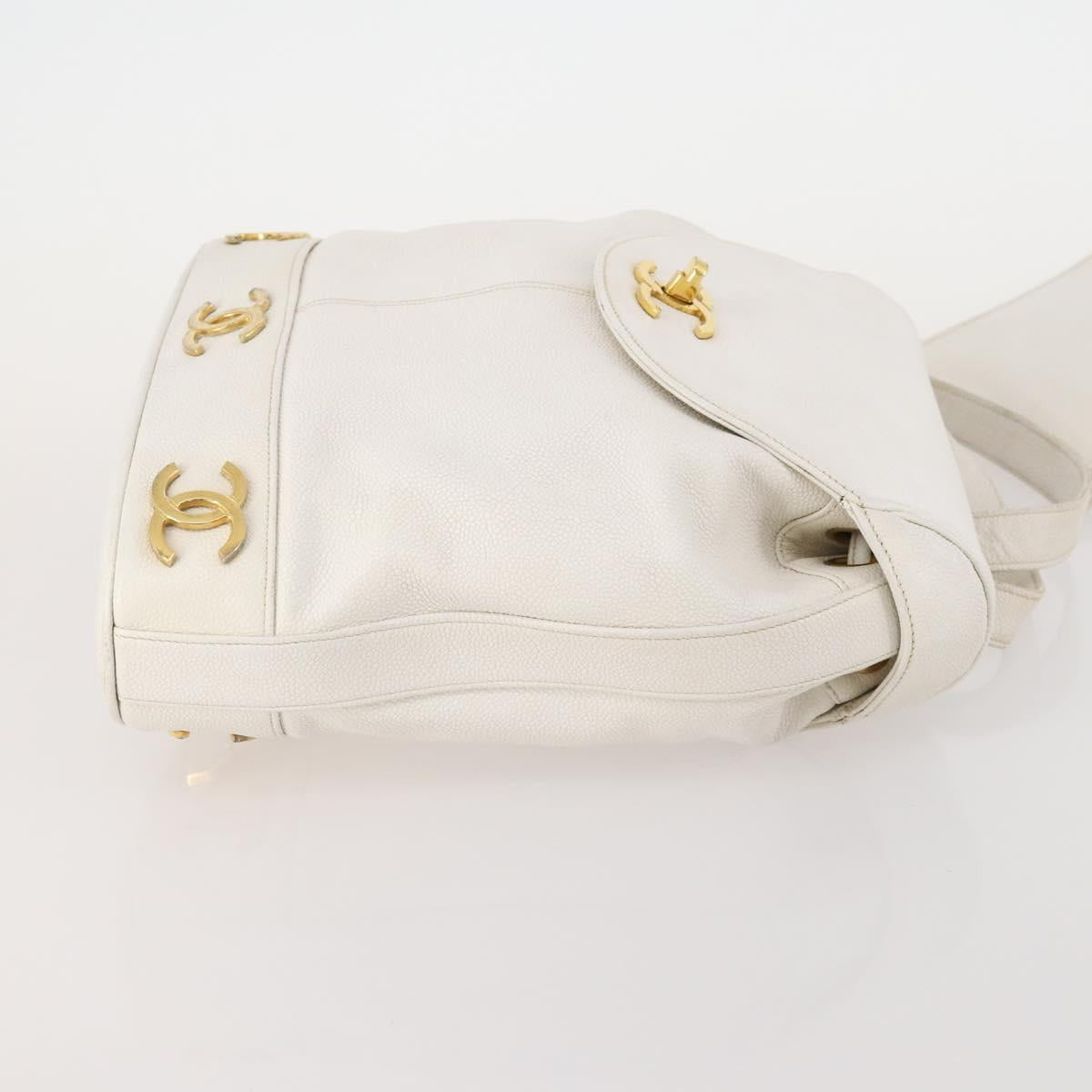CHANEL Triple Coco Backpack Caviar Skin White Gold CC Auth BAZ250A
