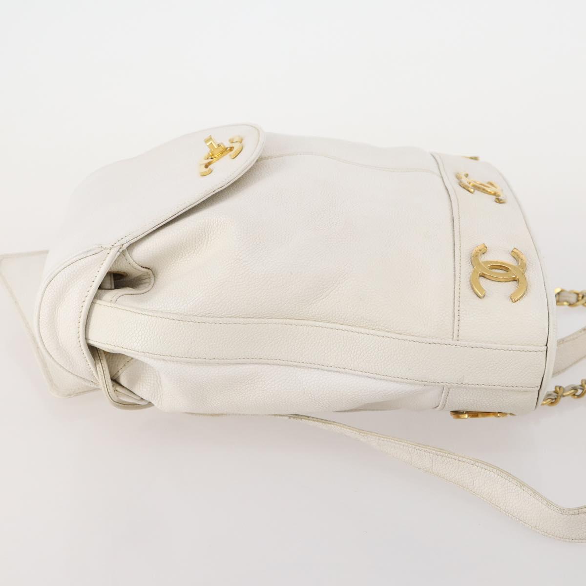 CHANEL Triple Coco Backpack Caviar Skin White Gold CC Auth BAZ250A