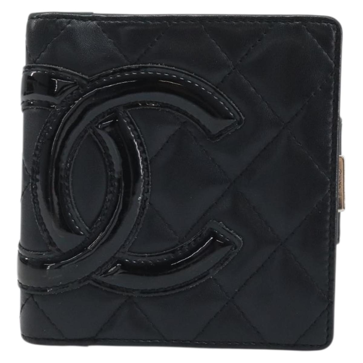 CHANEL Matelasse Cambon Line Bifold Wallet Leather Black Silver CC Auth BAZ259A