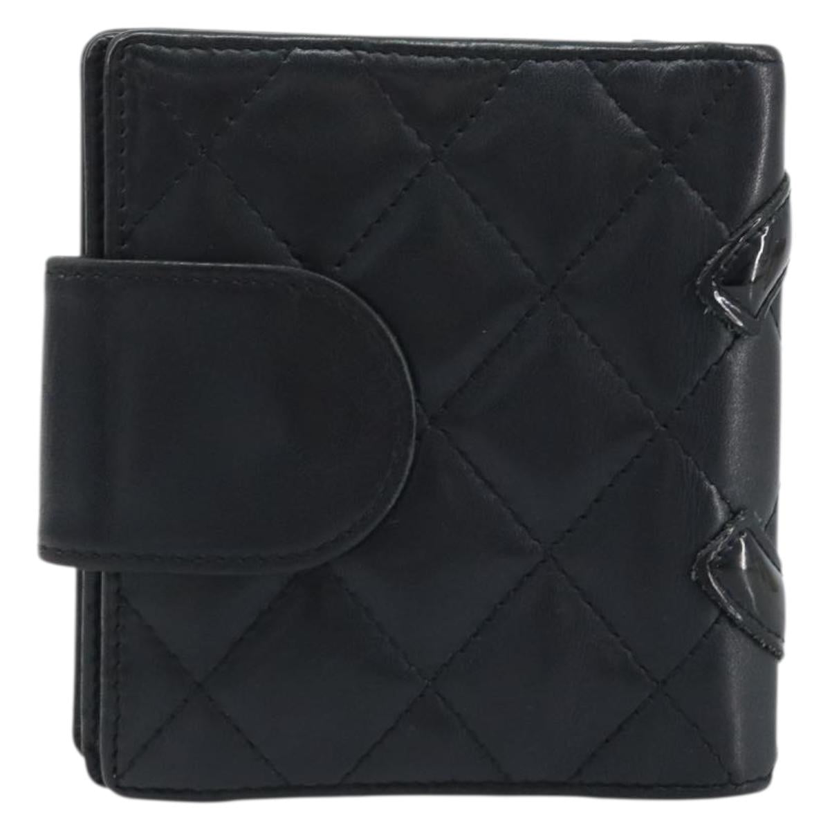 CHANEL Matelasse Cambon Line Bifold Wallet Leather Black Silver CC Auth BAZ259A