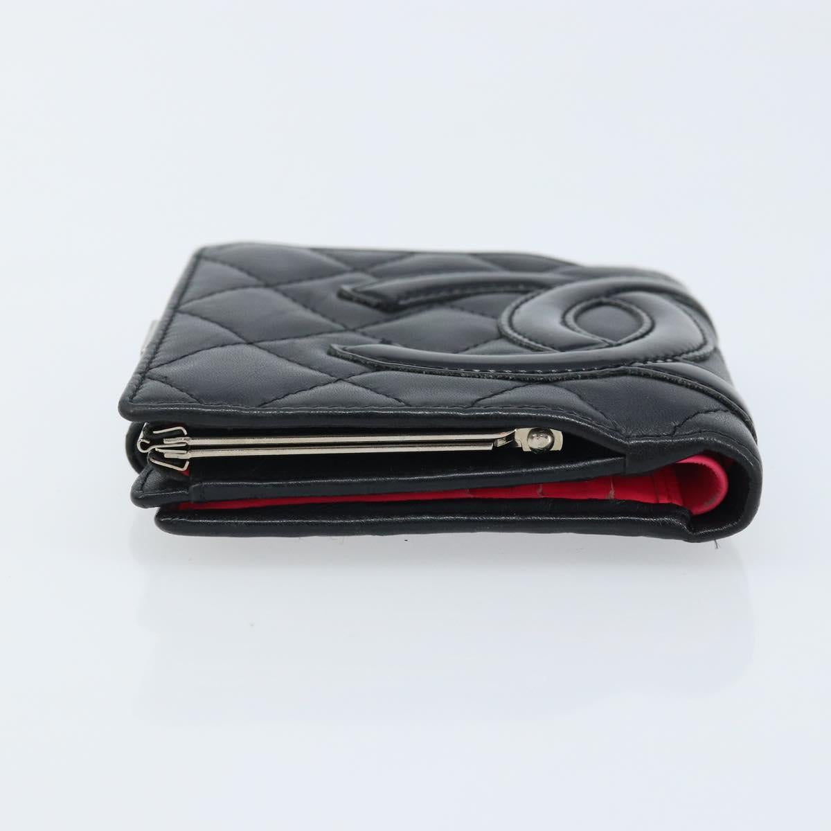 CHANEL Matelasse Cambon Line Bifold Wallet Leather Black Silver CC Auth BAZ259A