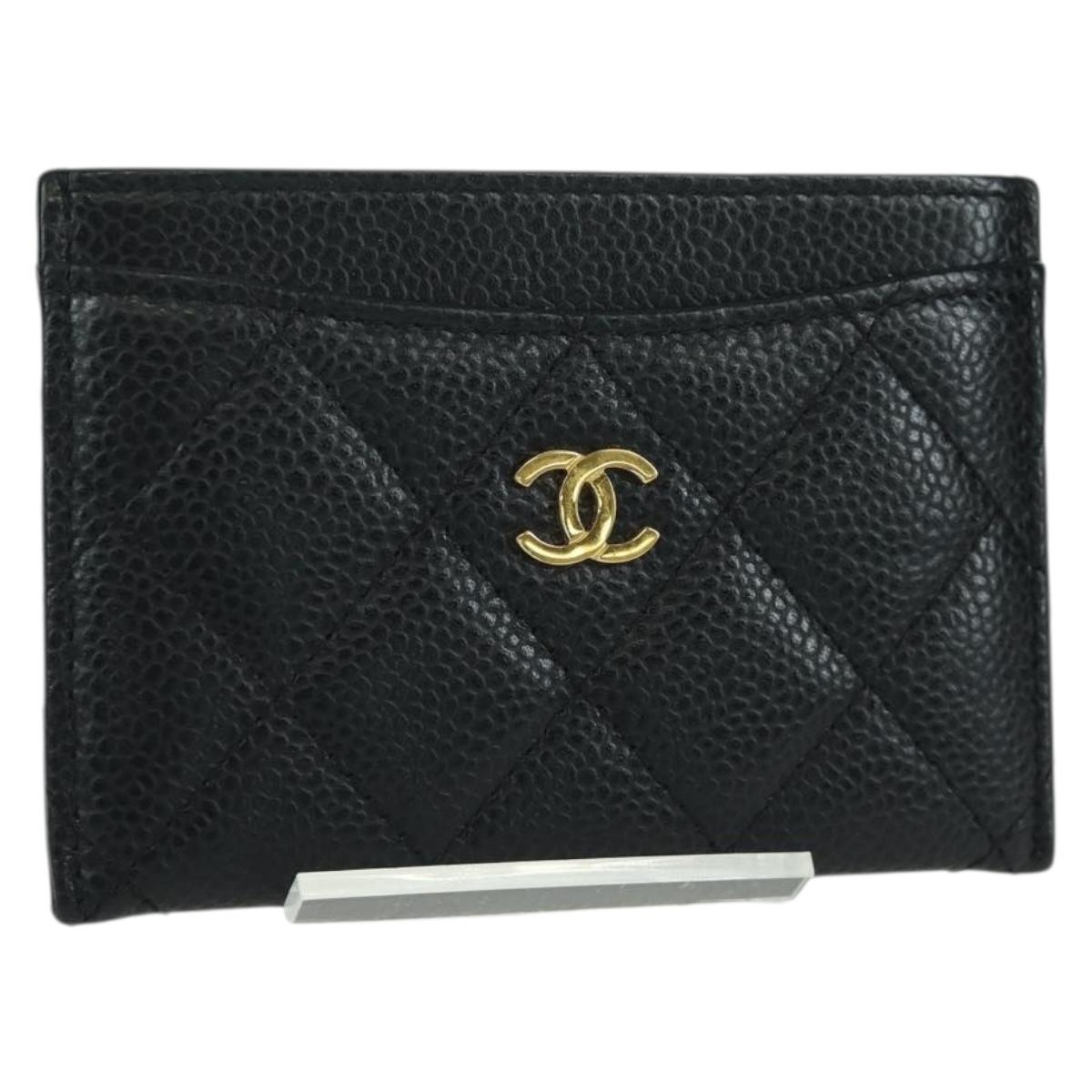 CHANEL Matelasse Card Case Caviar Skin Black Gold CC Auth BAZ272M
