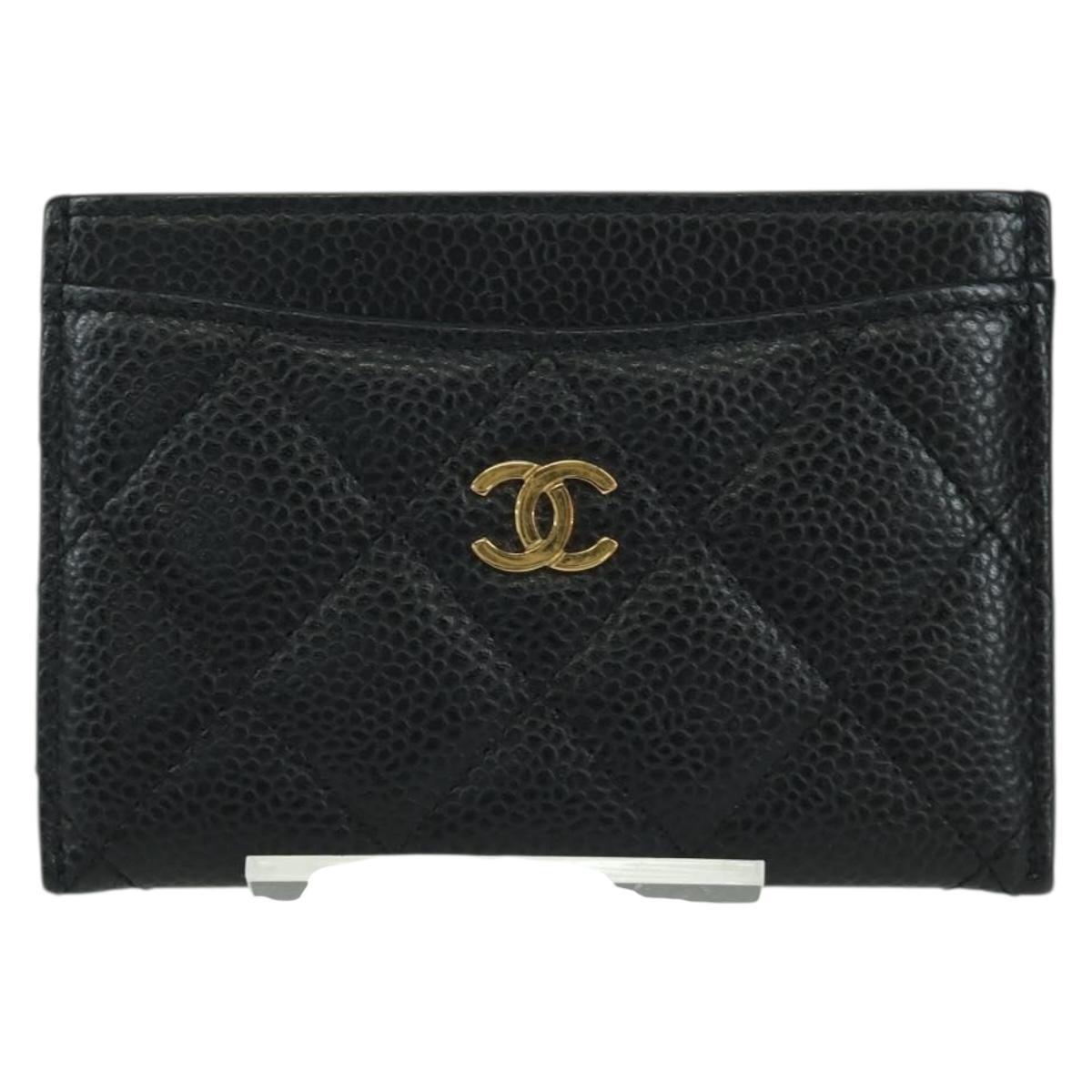 CHANEL Matelasse Card Case Caviar Skin Black Gold CC Auth BAZ272M