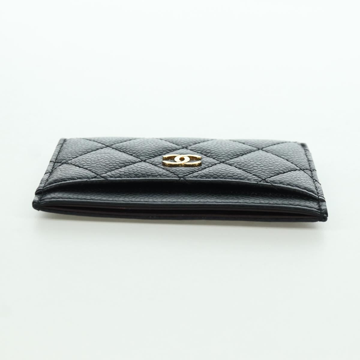 CHANEL Matelasse Card Case Caviar Skin Black Gold CC Auth BAZ272M