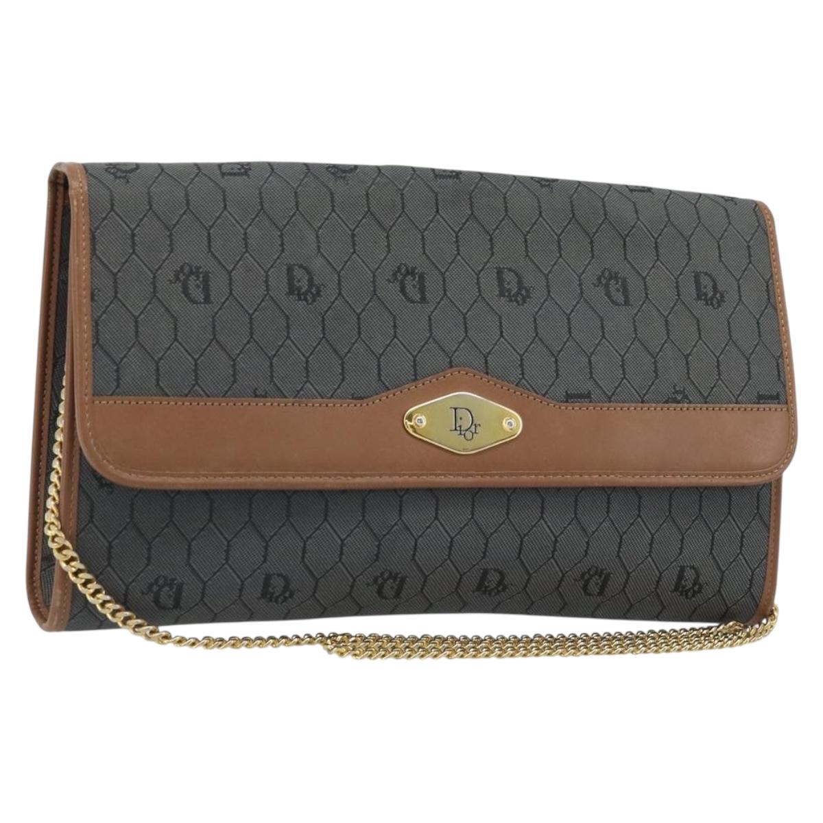 Christian Dior Honeycomb Canvas Chain Shoulder Bag PVC Gray Gold Auth BAZ279