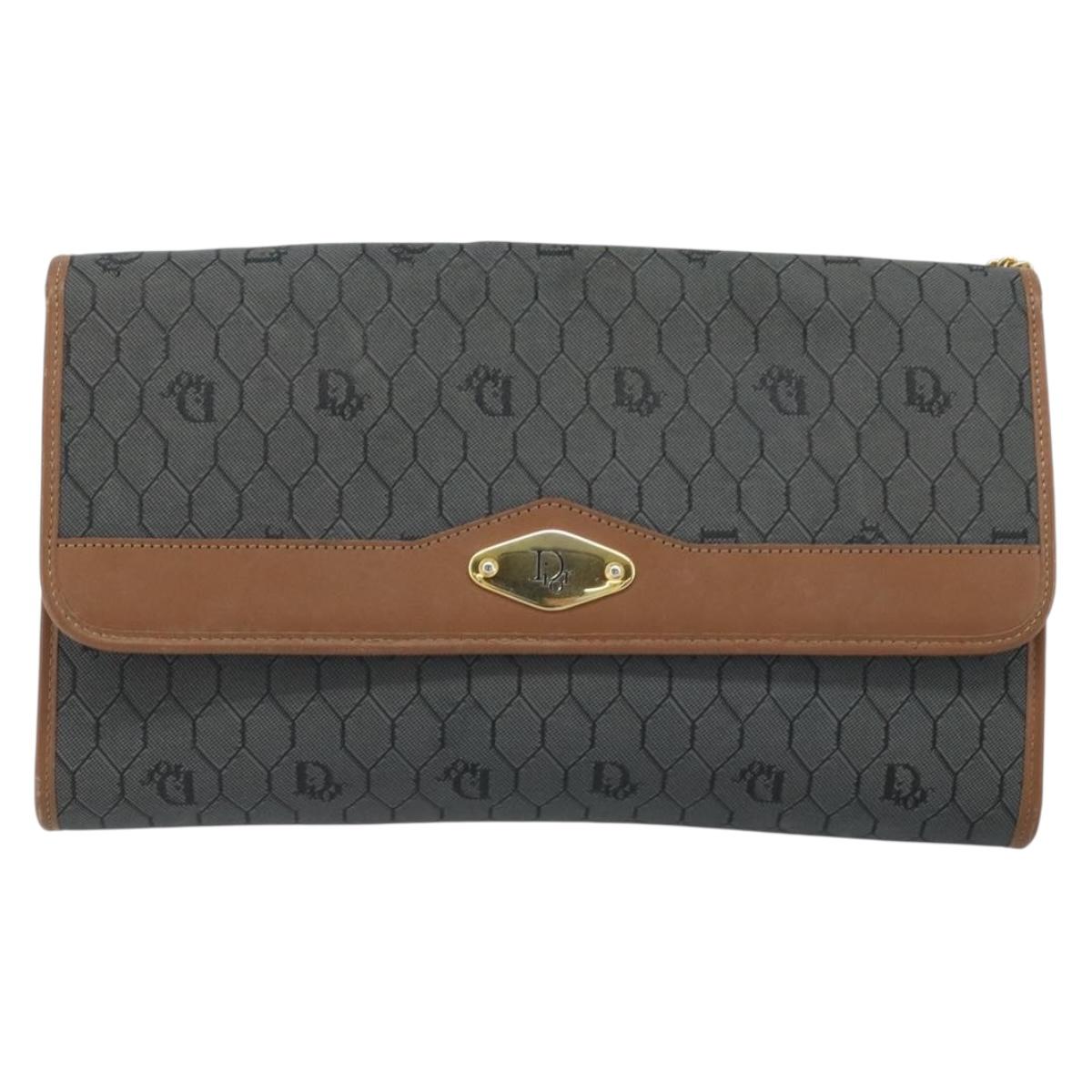 Christian Dior Honeycomb Canvas Chain Shoulder Bag PVC Gray Gold Auth BAZ279