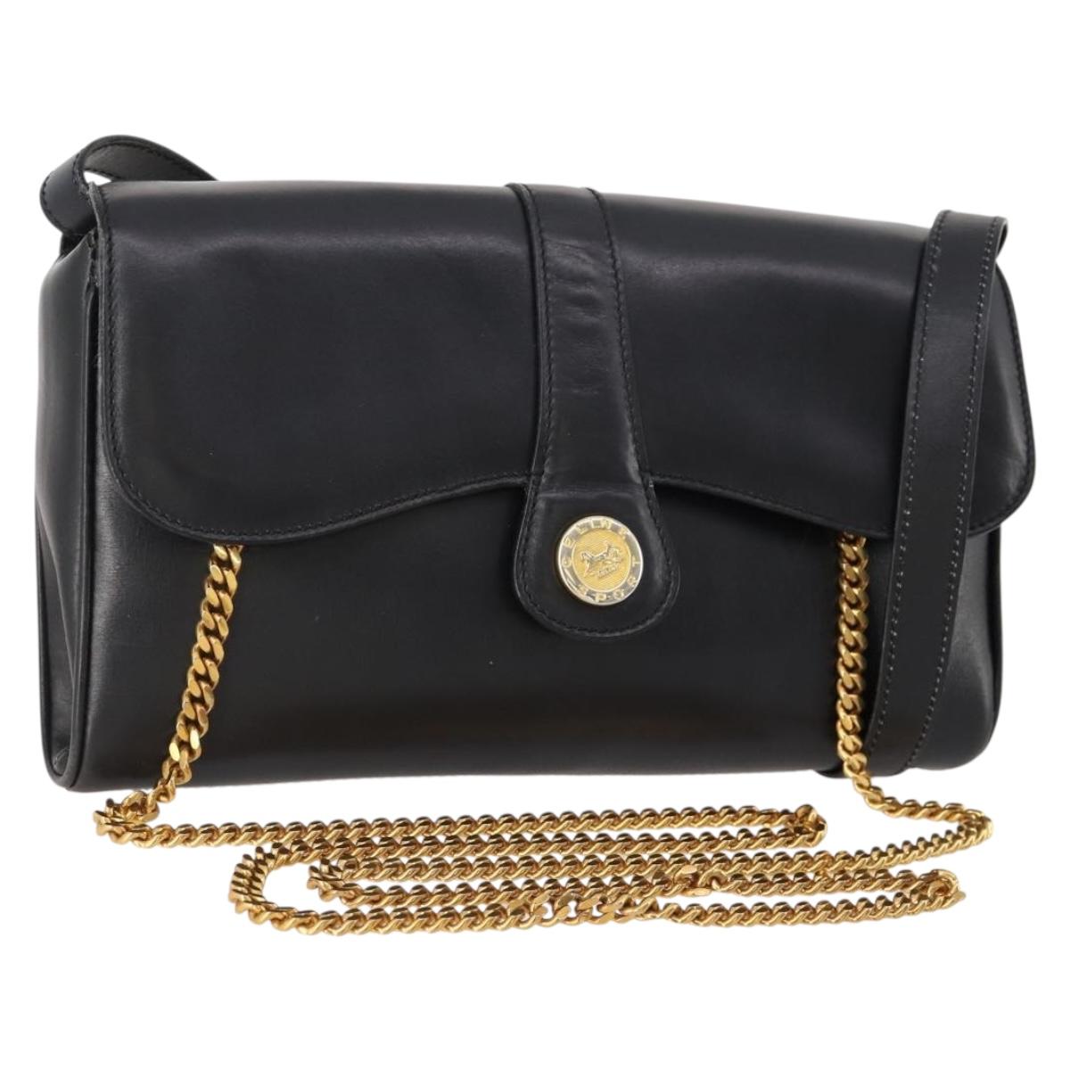 CELINE Chain Shoulder Bag Leather Black Gold Auth BAZ281