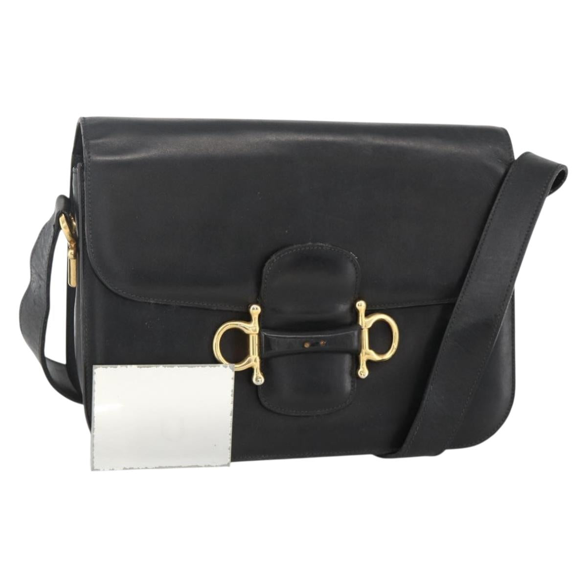 CELINE Shoulder Bag Leather Black Gold Auth BAZ288