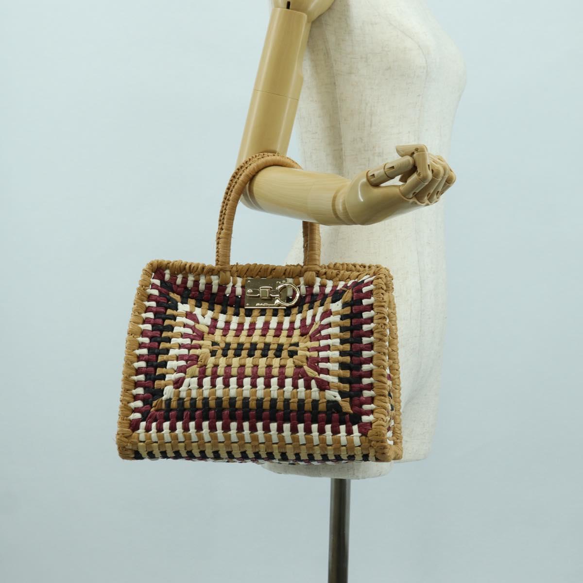 Salvatore Ferragamo Gancini Studio bag Hand Bag Straw Beige Gold Auth BAZ404V