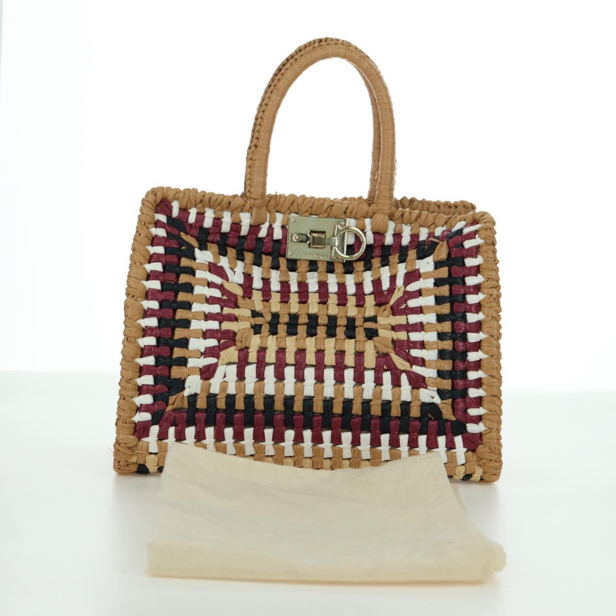 Salvatore Ferragamo Gancini Studio bag Hand Bag Straw Beige Gold Auth BAZ404V