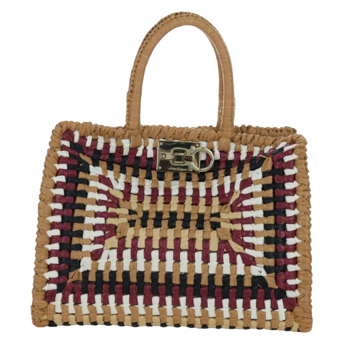 Salvatore Ferragamo Gancini Studio bag Hand Bag Straw Beige Gold Auth BAZ404V