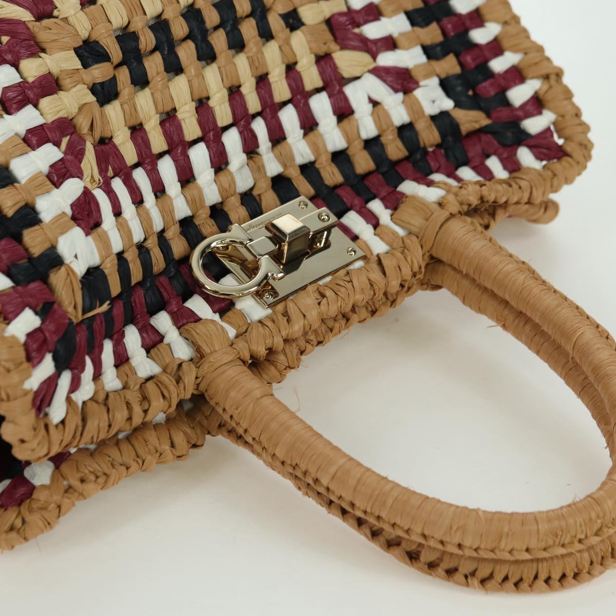 Salvatore Ferragamo Gancini Studio bag Hand Bag Straw Beige Gold Auth BAZ404V