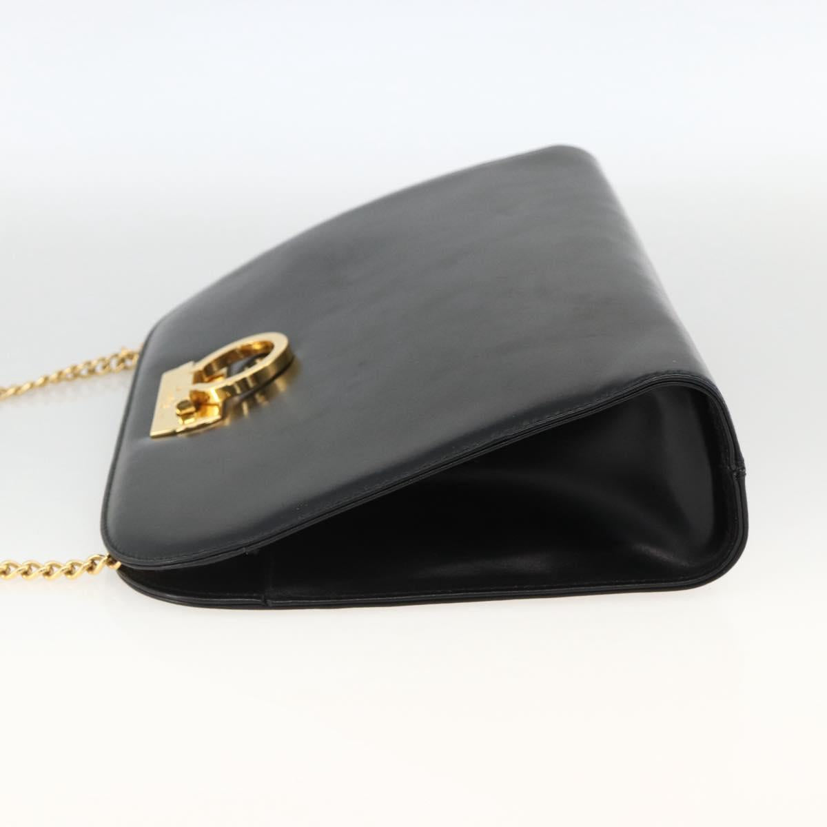 Salvatore Ferragamo Gancini Chain Shoulder Bag Leather Black Gold Auth BAZ418