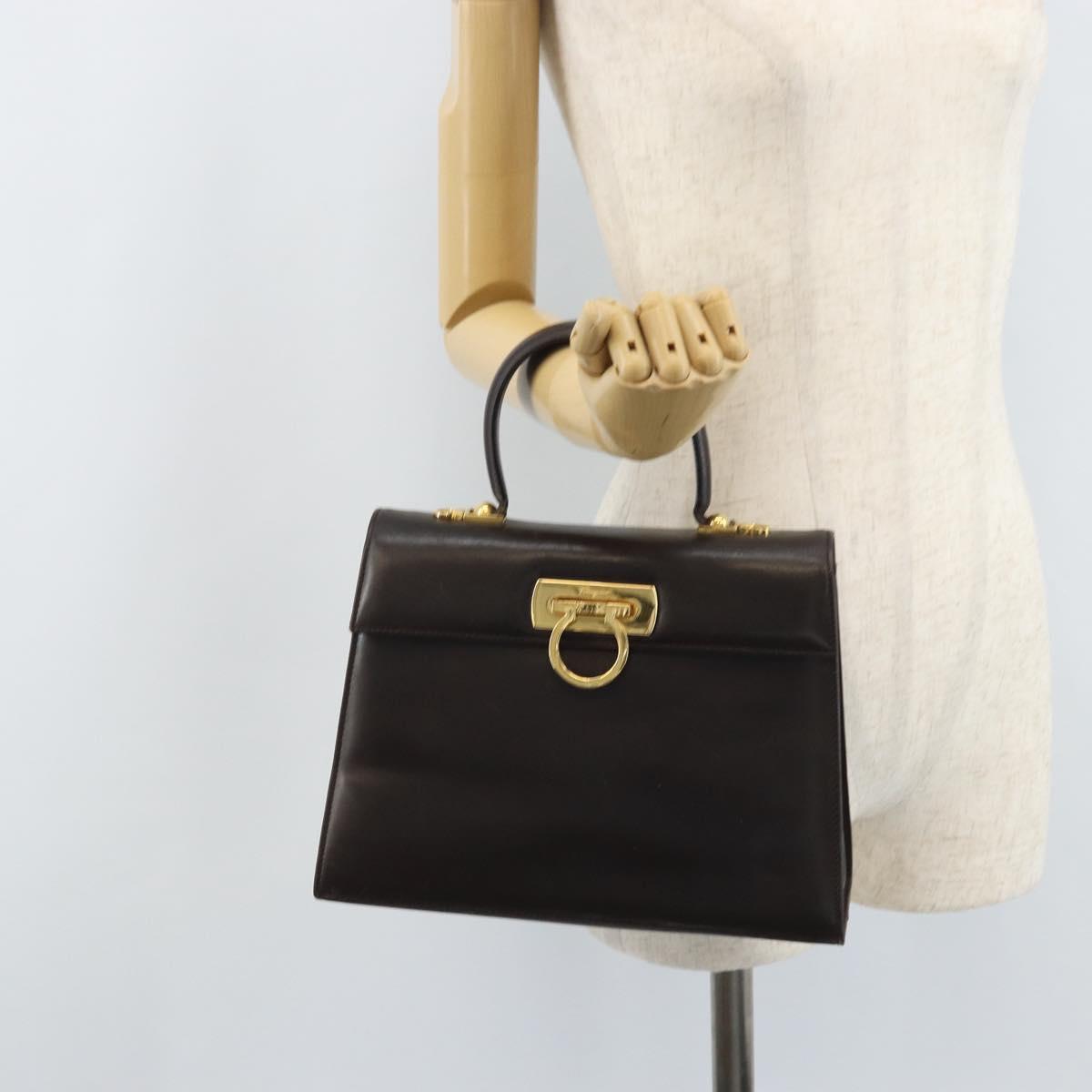 Salvatore Ferragamo Gancini Hand Bag Leather 2way Dark Brown Gold Auth BAZ434