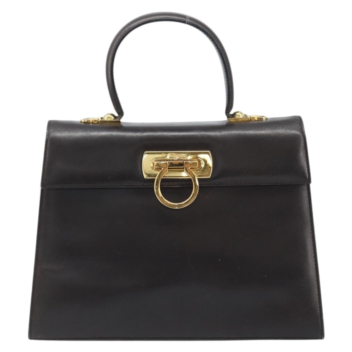 Salvatore Ferragamo Gancini Hand Bag Leather 2way Dark Brown Gold Auth BAZ434