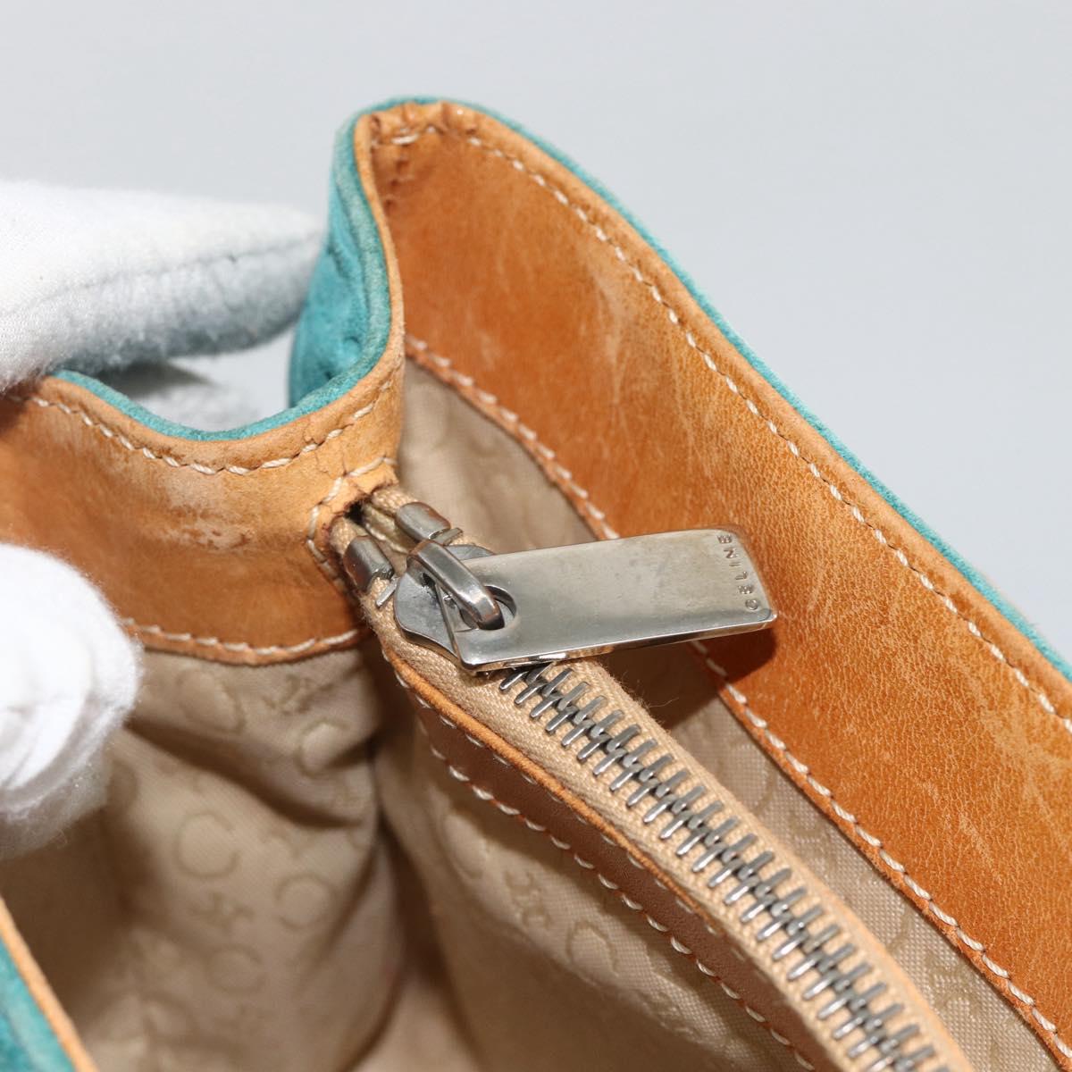 CELINE C Macadam Canvas Hand Bag Suede Turquoise Blue Silver Auth BAZ446