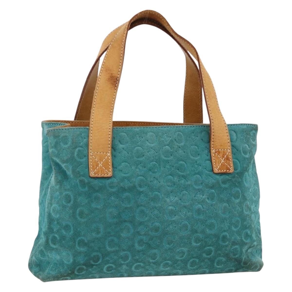 CELINE C Macadam Canvas Hand Bag Suede Turquoise Blue Silver Auth BAZ446