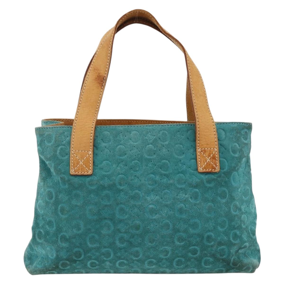 CELINE C Macadam Canvas Hand Bag Suede Turquoise Blue Silver Auth BAZ446