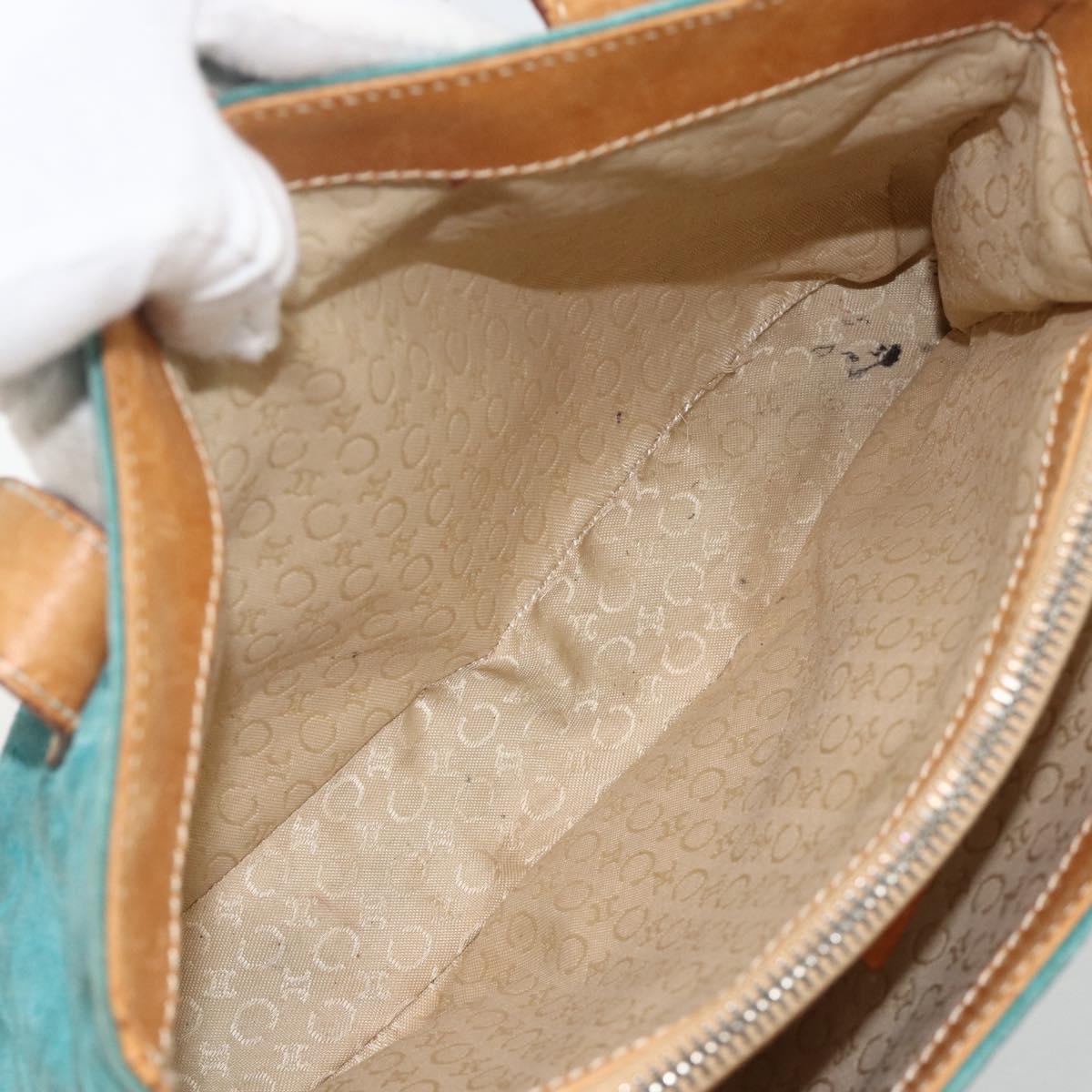 CELINE C Macadam Canvas Hand Bag Suede Turquoise Blue Silver Auth BAZ446