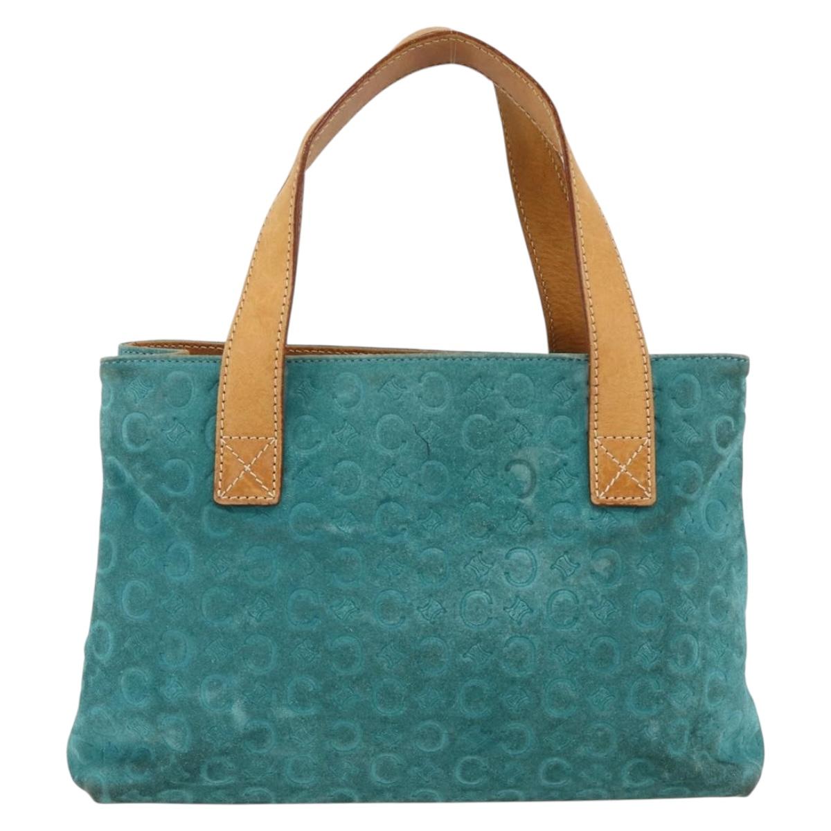 CELINE C Macadam Canvas Hand Bag Suede Turquoise Blue Silver Auth BAZ446