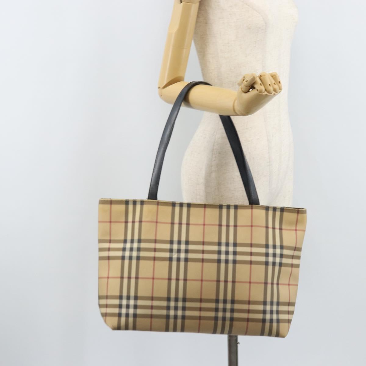 BURBERRY Nova Check Tote Bag PVC Leather Beige Silver Auth BAZ452
