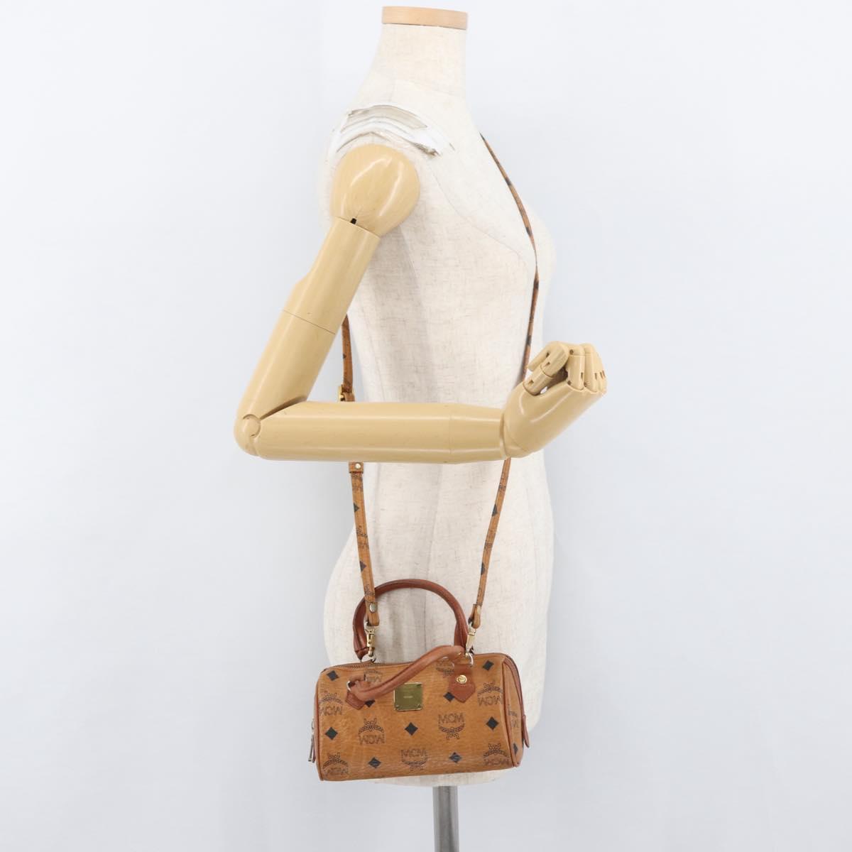 MCM Vicetos Mini Logogram Boston Bag PVC Leather 2way Brown Gold Auth BAZ463