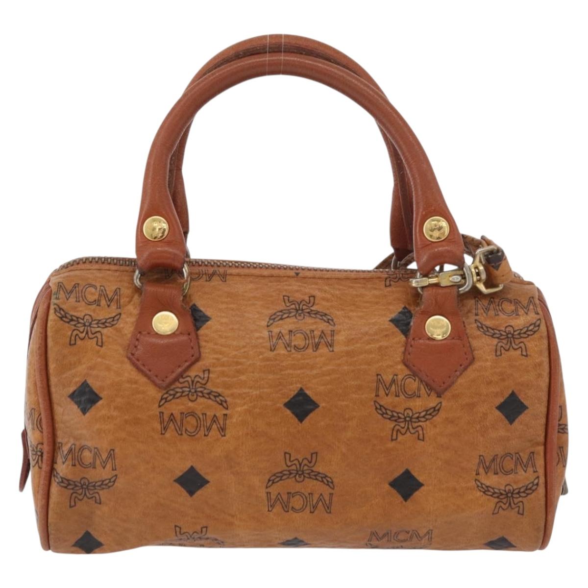 MCM Vicetos Mini Logogram Boston Bag PVC Leather 2way Brown Gold Auth BAZ463
