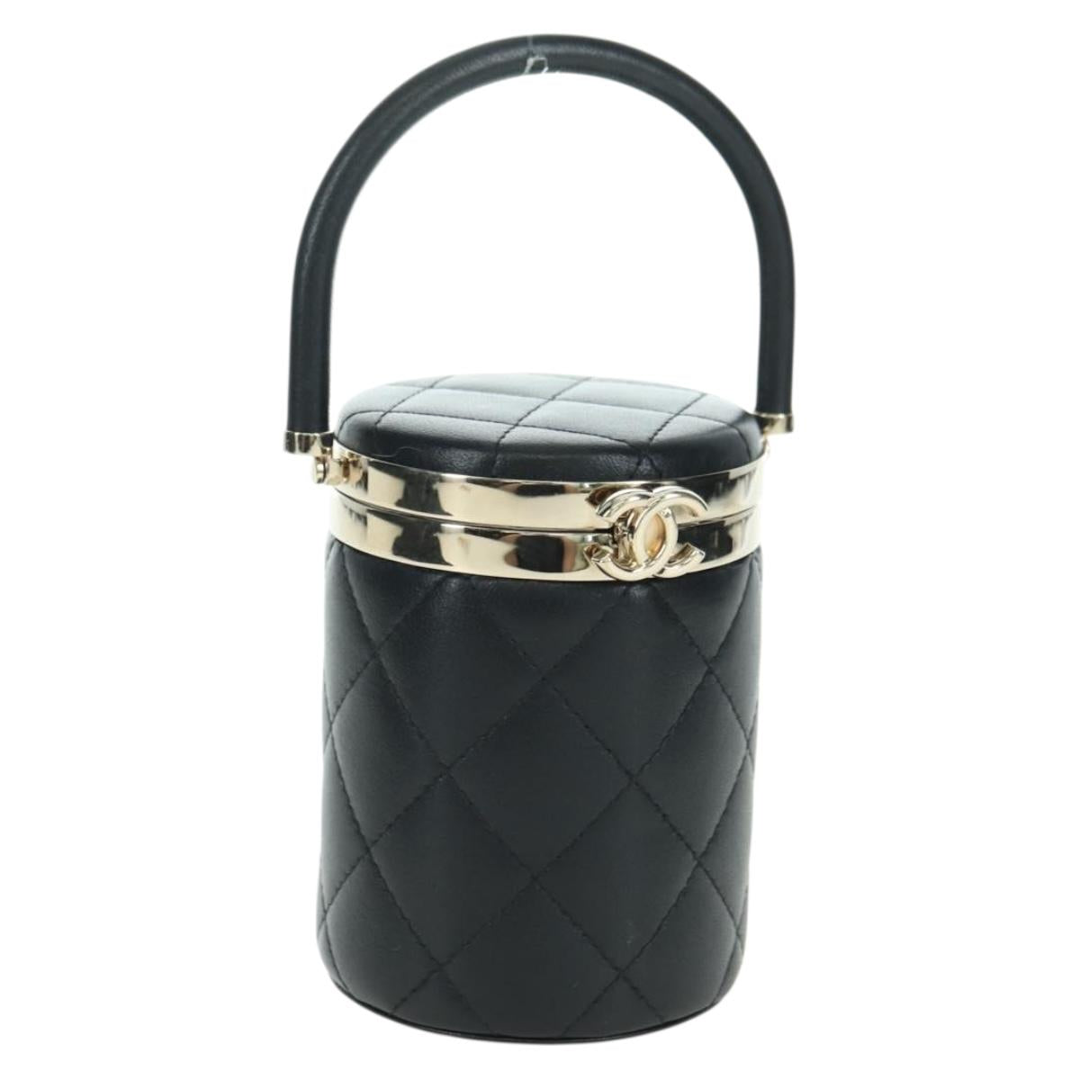CHANEL Matelasse Vanity Hand Bag Lamb Skin Black Gold CC Auth BAZ464SAM