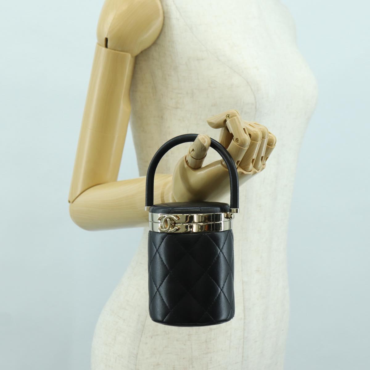 CHANEL Matelasse Vanity Hand Bag Lamb Skin Black Gold CC Auth BAZ464SAM