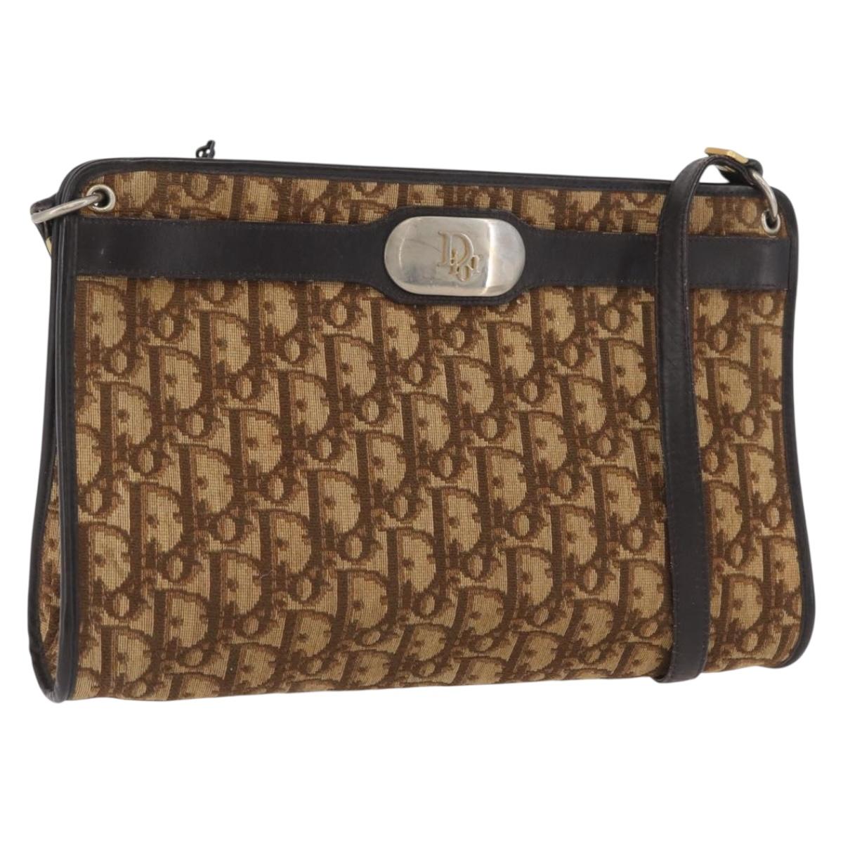Christian Dior Trotter Canvas Shoulder Bag Brown Gold Auth BAZ520