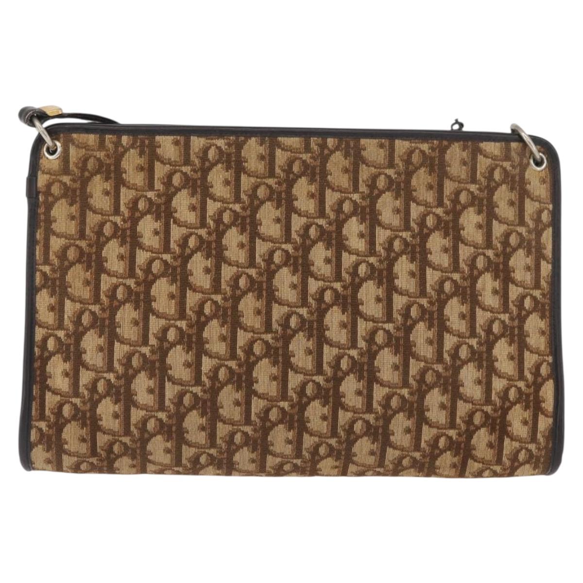 Christian Dior Trotter Canvas Shoulder Bag Brown Gold Auth BAZ520