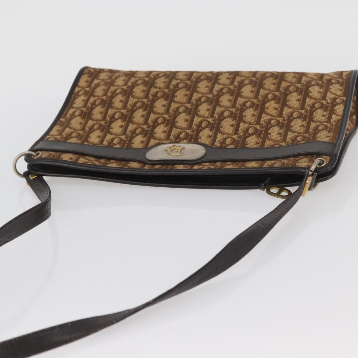 Christian Dior Trotter Canvas Shoulder Bag Brown Gold Auth BAZ520