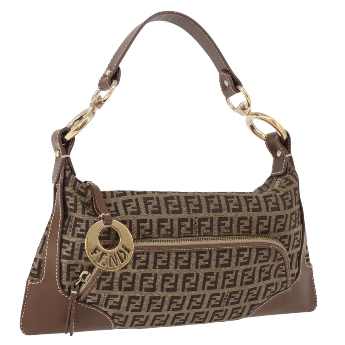 FENDI Zucchino Canvas Shoulder Bag Beige Gold Auth BAZ527