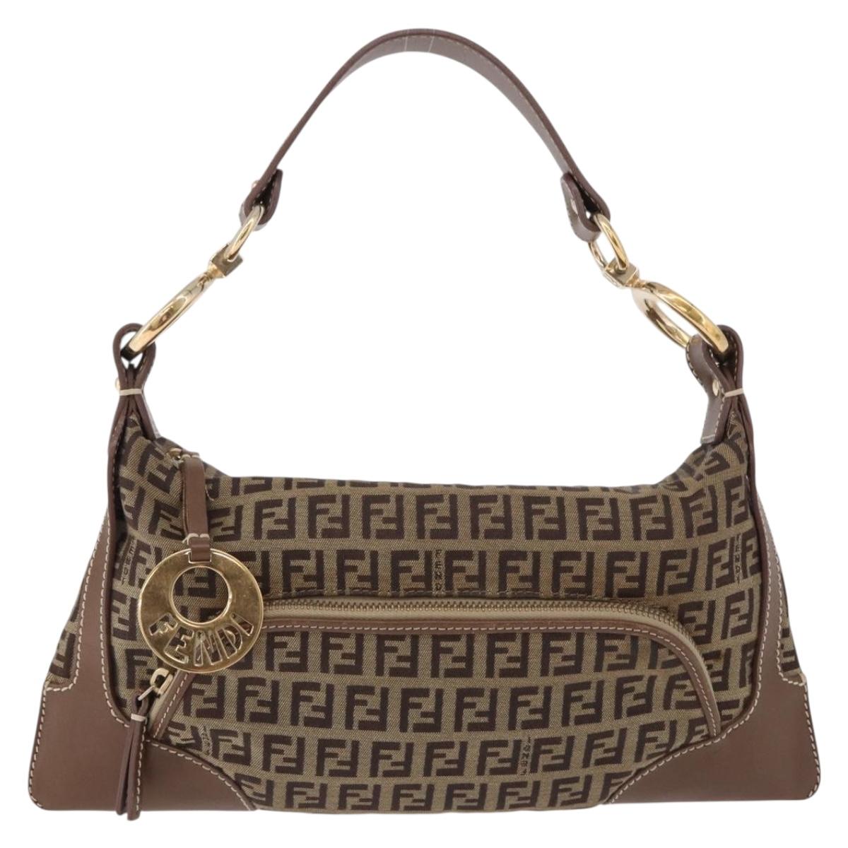 FENDI Zucchino Canvas Shoulder Bag Beige Gold Auth BAZ527
