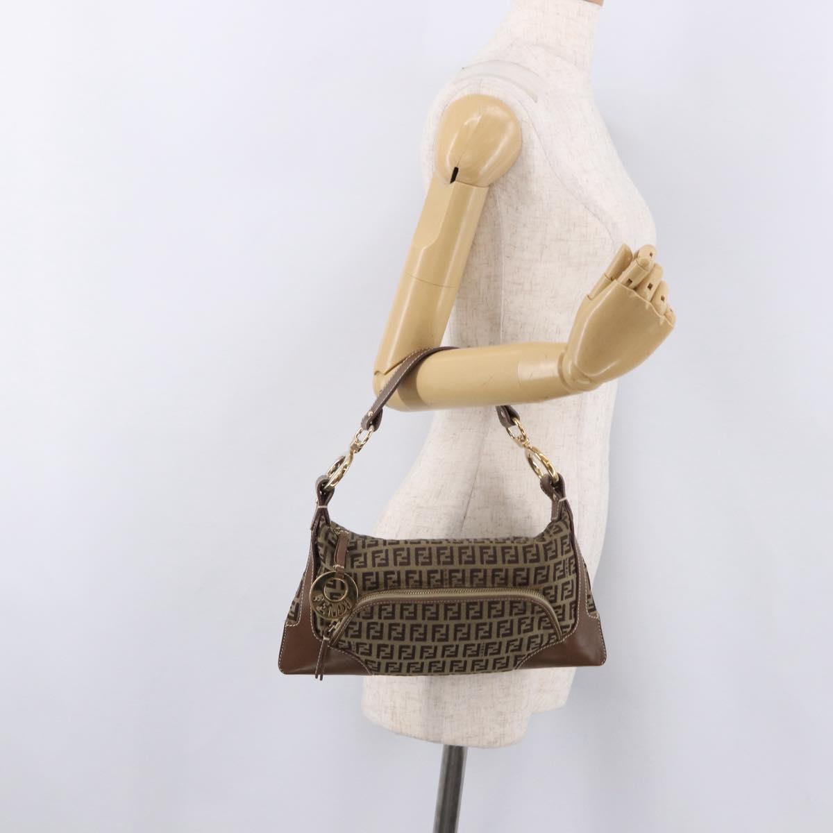 FENDI Zucchino Canvas Shoulder Bag Beige Gold Auth BAZ527