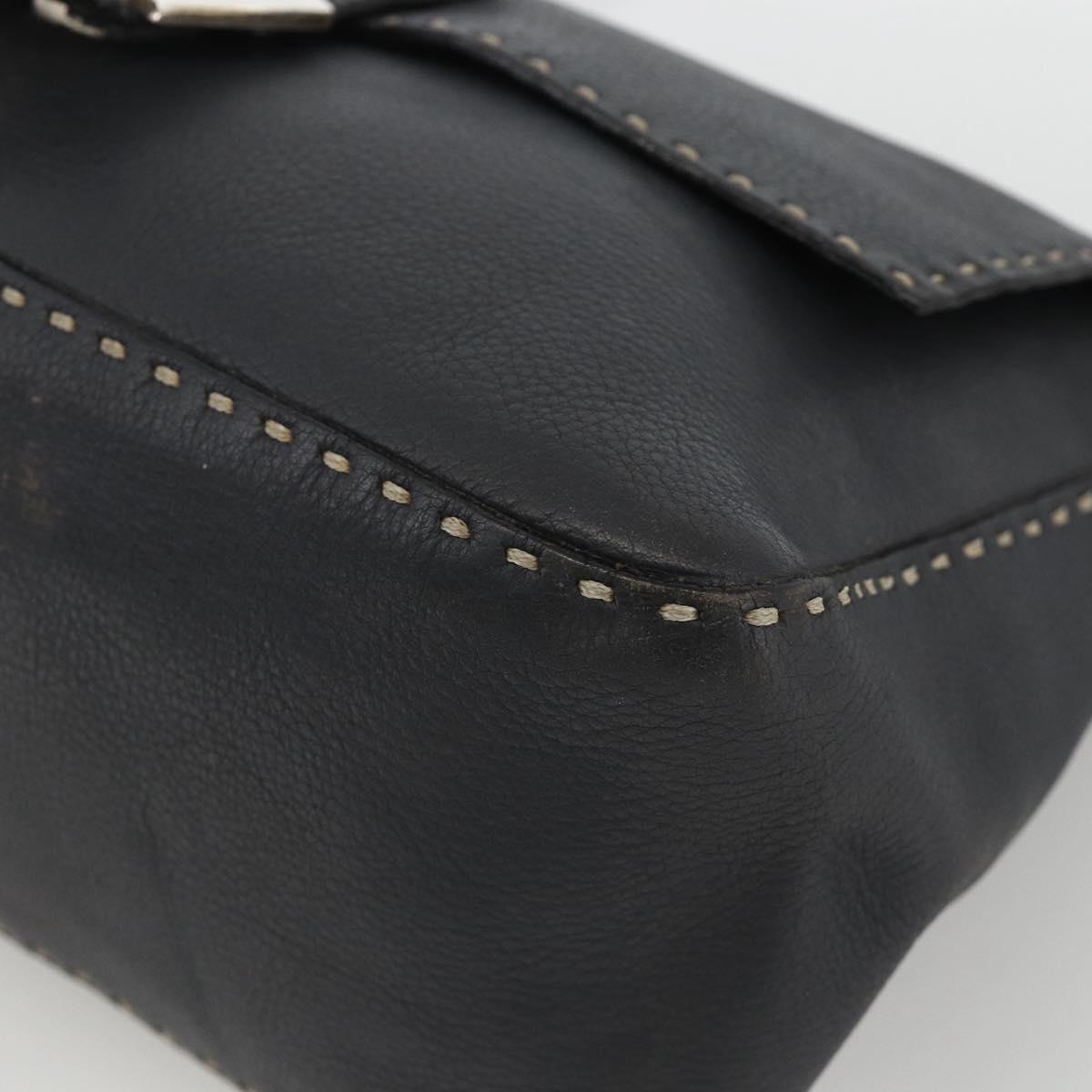 FENDI Selleria Mamma Baguette Bag Leather Silver Charcoal Gray Auth BAZ530A
