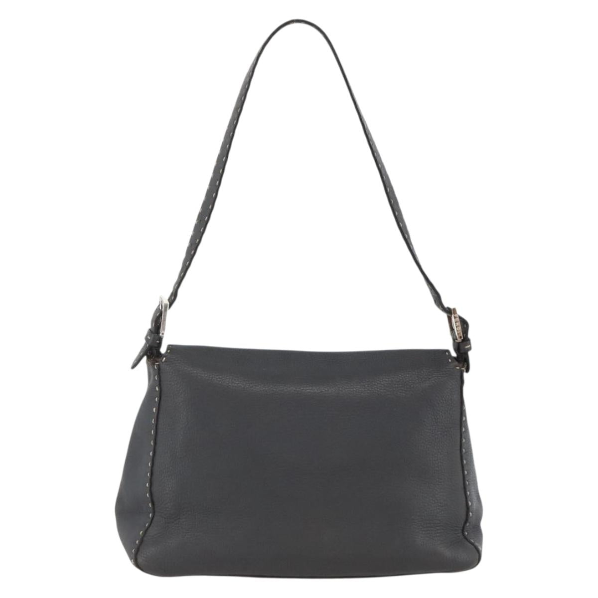 FENDI Selleria Mamma Baguette Bag Leather Silver Charcoal Gray Auth BAZ530A
