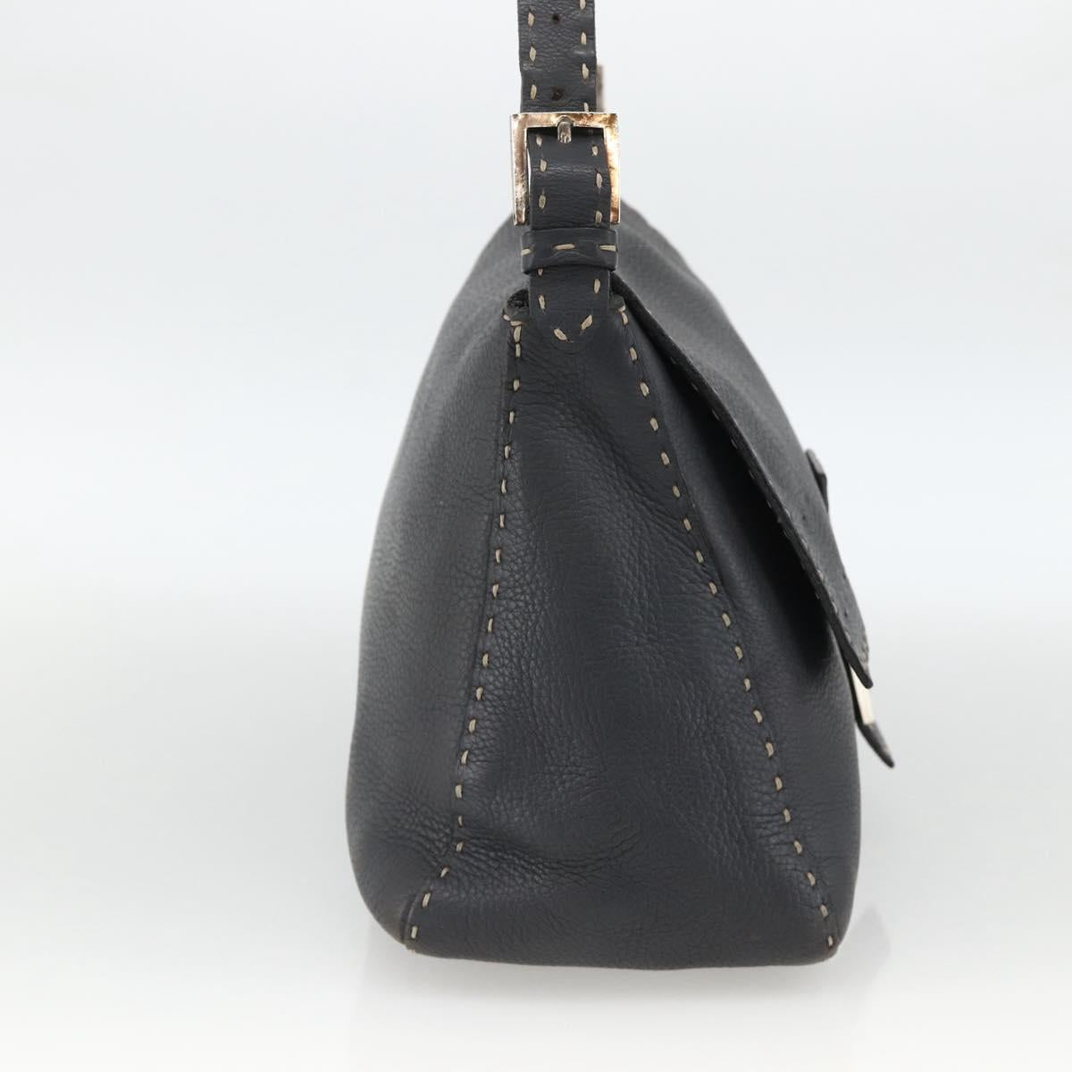FENDI Selleria Mamma Baguette Bag Leather Silver Charcoal Gray Auth BAZ530A