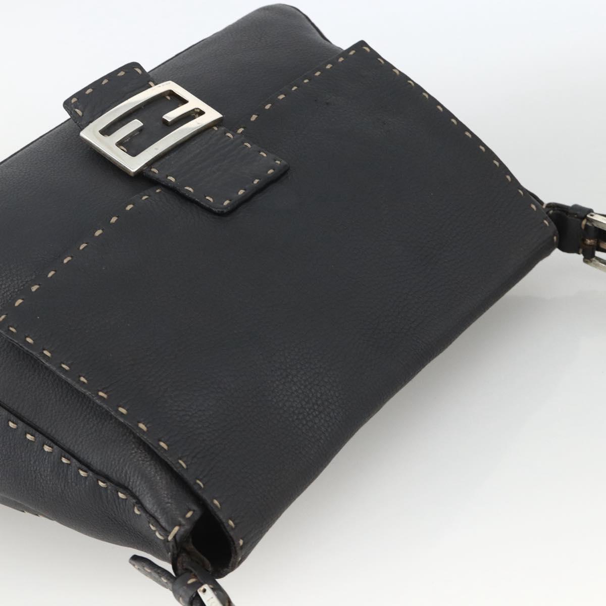 FENDI Selleria Mamma Baguette Bag Leather Silver Charcoal Gray Auth BAZ530A