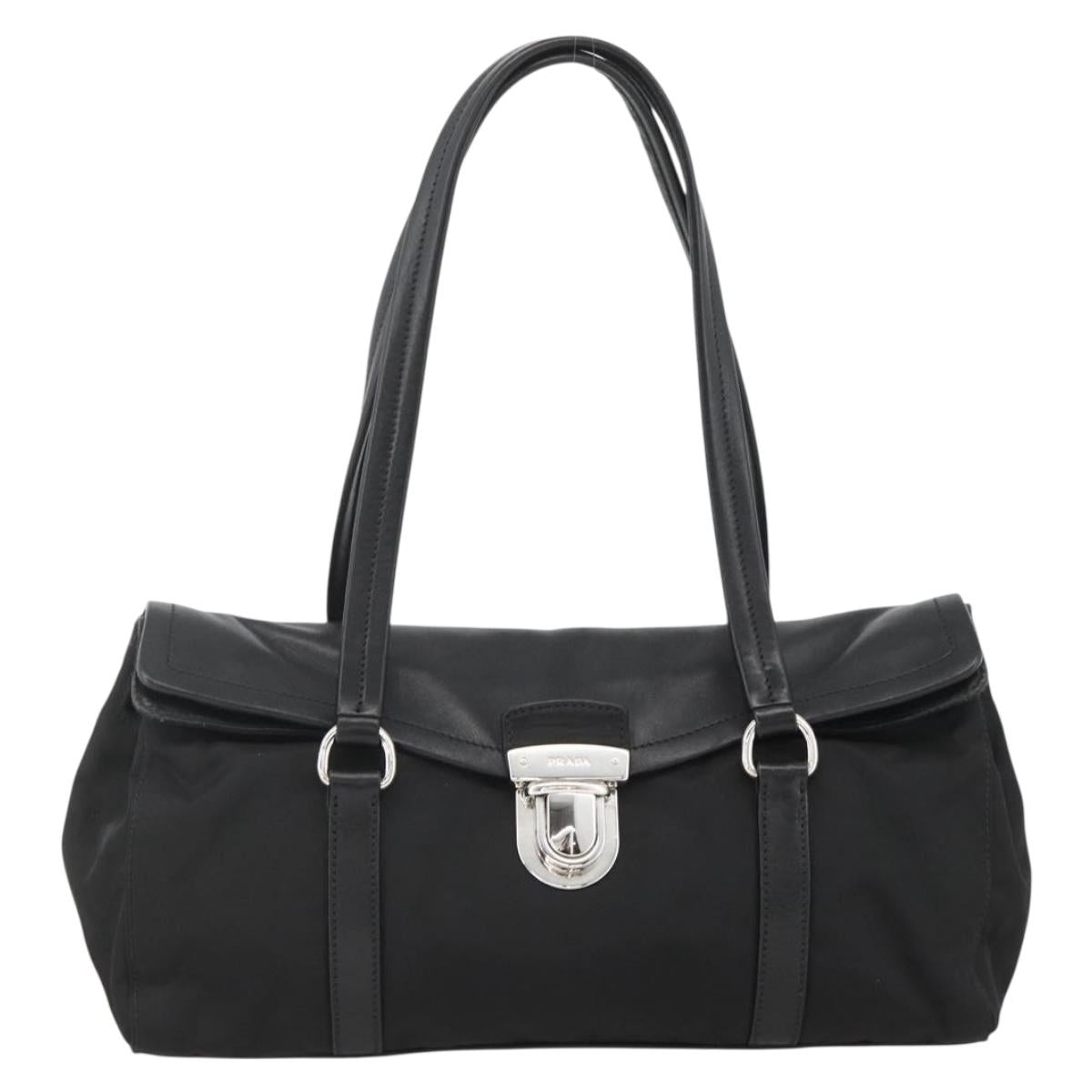 PRADA Hand Bag Nylon Leather Black Silver Auth BAZ535V