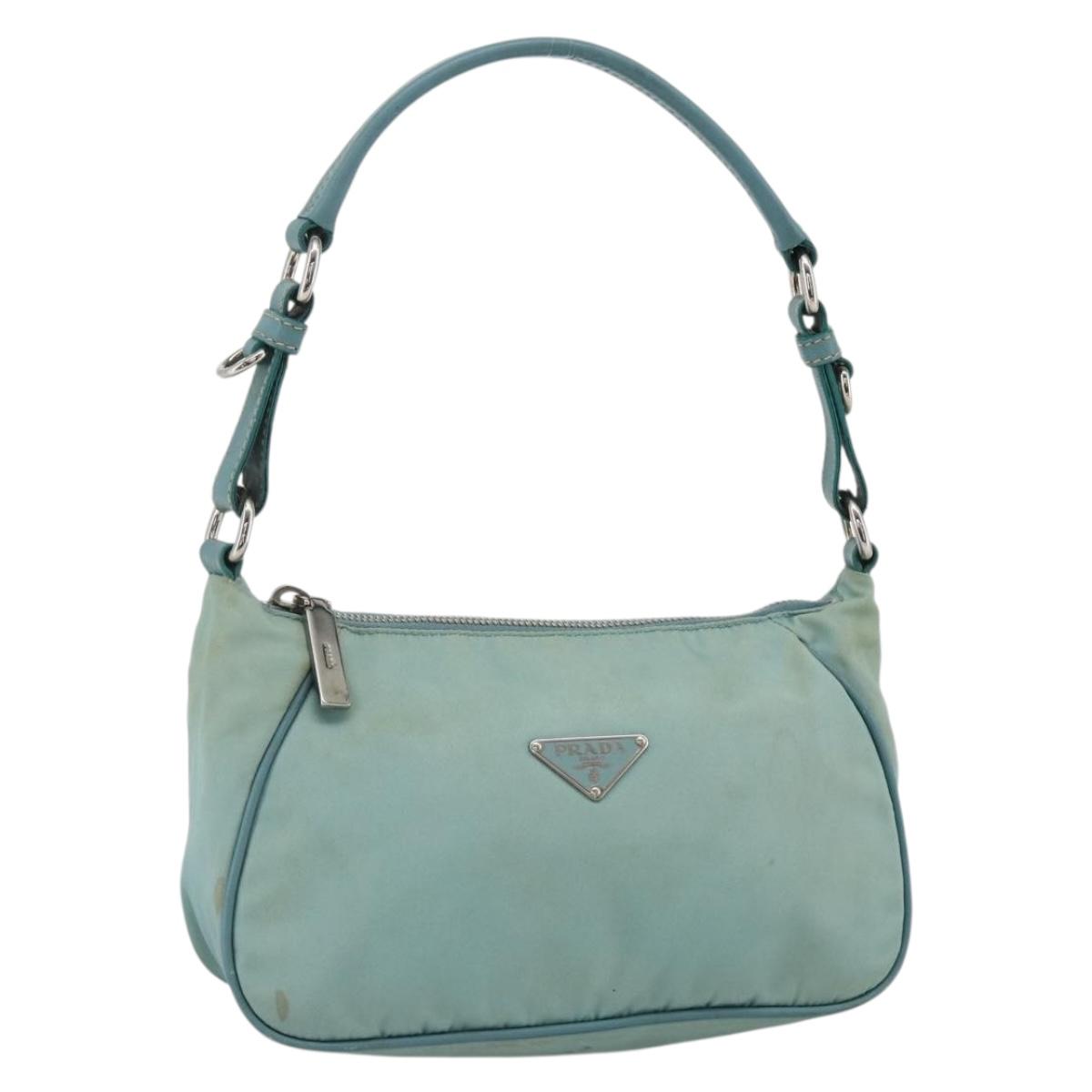 PRADA Shoulder Bag Nylon Leather Light Blue Silver Auth BAZ537