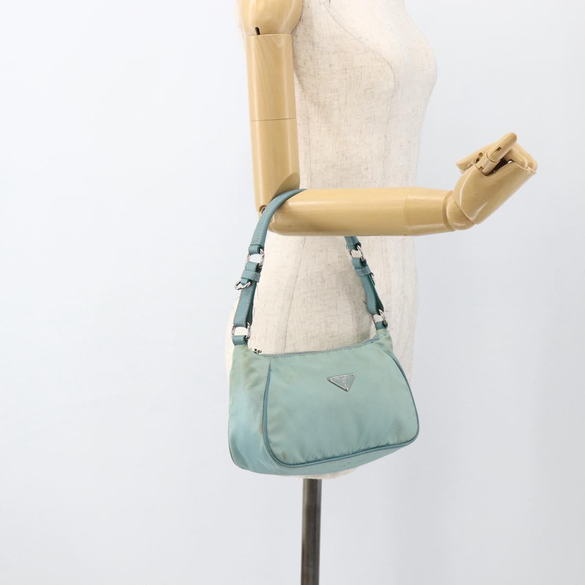 PRADA Shoulder Bag Nylon Leather Light Blue Silver Auth BAZ537