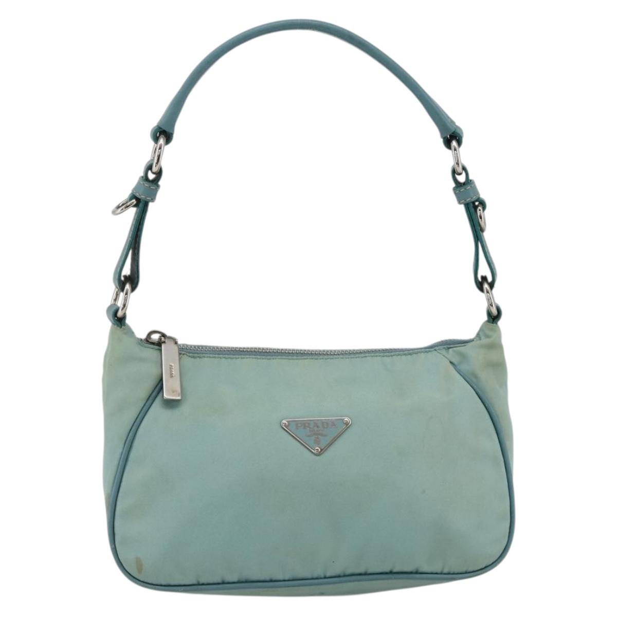 PRADA Shoulder Bag Nylon Leather Light Blue Silver Auth BAZ537